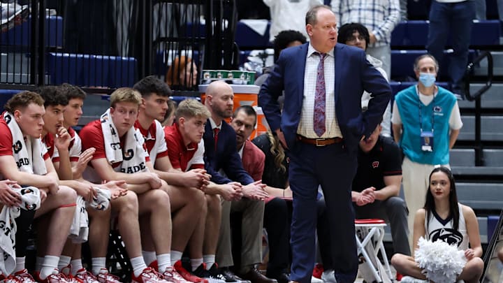 Jan 22, 2026; University Park, Pennsylvania, USA; Wisconsin Badgers head coach Greg Gard during the first half against the Penn State Nittany Lions at Rec Hall. Mandatory Credit: Matthew O'Haren-Imagn Images