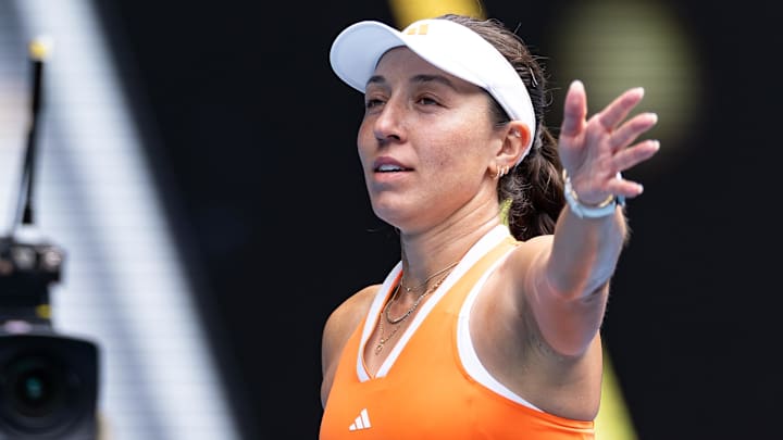 Jan 28, 2026; Melbourne, Victoria, Australia; Jessica Pegula of United States celebrates her victory over Amanda Anisimova of United States in the quarterfinals of the women’s singles at the Australian Open at Rod Laver Arena in Melbourne Park.