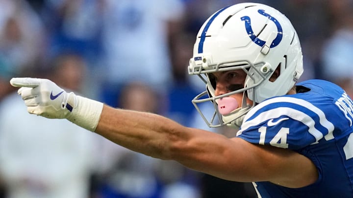 Indianapolis Colts wide receiver Alec Pierce (14) signals a first down during a game against the Arizona Cardinals on Sunday, Oct. 12, 2025, at Lucas Oil Stadium in Indianapolis. The Colts defeated the Cardinals 31-27.