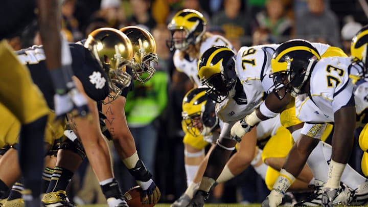 Sep 22, 2012; South Bend, IN, USA; The Notre Dame Fighting Irish and the Michigan Wolverines line up at the line of scrimmage in the third quarter at Notre Dame Stadium. Notre Dame won 13-6.