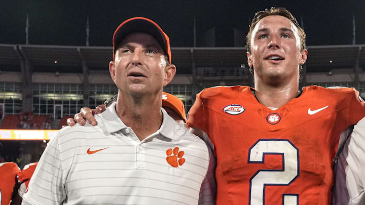 Clemson head coach Dabo Swinney, left, and quarterback Cade Klubnik (2) after the game with Troy at Memorial Stadium Saturday, September 6, 2025 in Clemson, S.C. Clemson head coach Dabo Swinney, left, and quarterback Cade Klubnik (2) after the game with Troy at Memorial Stadium Saturday, September 6, 2025 in Clemson, S.C.