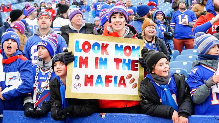 Dec 31, 2023; Orchard Park, New York, USA; A young Buffalo Bills fans hold up a sign referring to being in the Bills Mafia prior to the game against the New England Patriots at Highmark Stadium. Mandatory Credit: Gregory Fisher-USA TODAY Sports Dec 31, 2023; Orchard Park, New York, USA; A young Buffalo Bills fans hold up a sign referring to being in the Bills Mafia prior to the game against the New England Patriots at Highmark Stadium. Mandatory Credit: Gregory Fisher-USA TODAY Sports