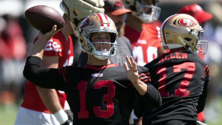 Jul 26, 2024; Santa Clara, CA, USA; San Francisco 49ers quarterback Brock Purdy (13) throws a pass during Day 4 of training camp at SAP Performance Facility. Mandatory Credit: D. Ross Cameron-USA TODAY Sports Jul 26, 2024; Santa Clara, CA, USA; San Francisco 49ers quarterback Brock Purdy (13) throws a pass during Day 4 of training camp at SAP Performance Facility. Mandatory Credit: D. Ross Cameron-USA TODAY Sports