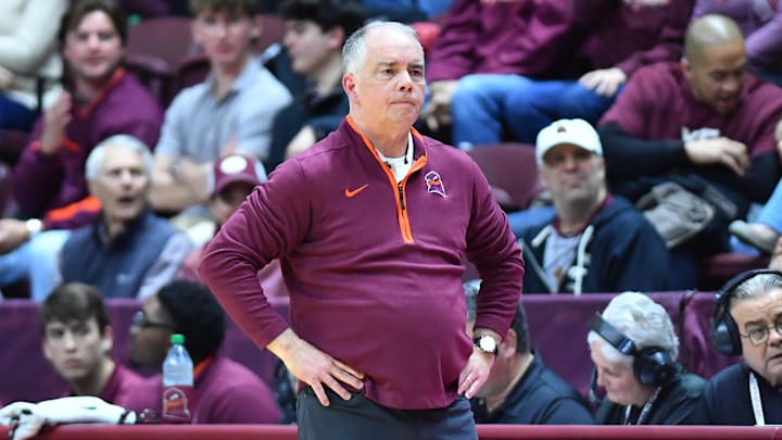 Feb 15, 2025; Blacksburg, Va.; Virginia Tech head coach Mike Young watches his team during the second half against Virginia at Cassell Coliseum.