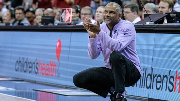 Mar 14, 2024; Kansas City, MO, USA; Kansas State Wildcats coach Jerome Tang on the sidelines during the first half Iowa State Cyclones at T-Mobile Center. Mandatory Credit: William Purnell-USA TODAY Sports
