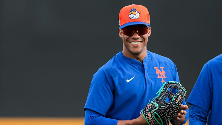 Feb 19, 2025; Port St. Lucie, FL, USA; New York Mets right fielder Juan Soto (22) looks on during a spring training workout at Clover Park. Mandatory Credit: Sam Navarro-Imagn Images Feb 19, 2025; Port St. Lucie, FL, USA; New York Mets right fielder Juan Soto (22) looks on during a spring training workout at Clover Park. Mandatory Credit: Sam Navarro-Imagn Images