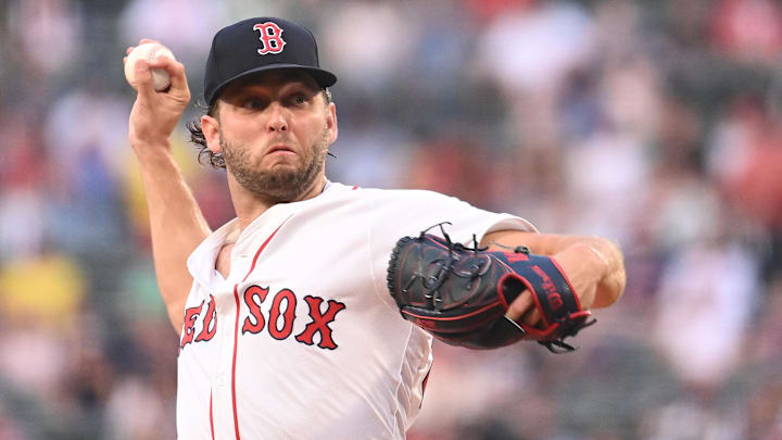 Aug 13, 2024; Boston, Massachusetts, USA; Boston Red Sox starting pitcher Kutter Crawford (50) pitches against the Texas Rangers at Fenway Park. Mandatory Credit: Eric Canha-Imagn Images