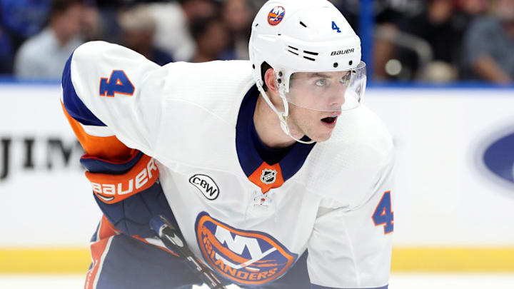 Nov 8, 2018; Tampa, FL, USA; New York Islanders defenseman Thomas Hickey (4) during the third period at Amalie Arena. Mandatory Credit: Kim Klement-Imagn Images