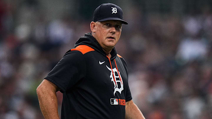 Detroit Tigers manager A.J. Hinch (14) walks off the field after a pitching change against Minnesota Twins during the eighth inning at Comerica Park in Detroit in Monday, August 4, 2025.