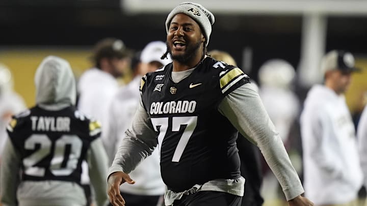 Nov 22, 2025; Boulder, Colorado, USA; Colorado Buffaloes offensive lineman Jordan Seaton (77) before the game against the Arizona State Sun Devils at Folsom Field. Mandatory Credit: Ron Chenoy-Imagn Images Nov 22, 2025; Boulder, Colorado, USA; Colorado Buffaloes offensive lineman Jordan Seaton (77) before the game against the Arizona State Sun Devils at Folsom Field. Mandatory Credit: Ron Chenoy-Imagn Images