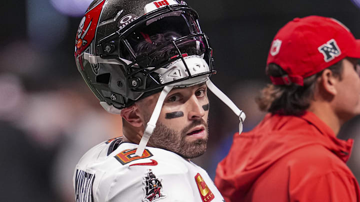 Oct 3, 2024; Atlanta, Georgia, USA; Tampa Bay Buccaneers quarterback Baker Mayfield (6) shown on the field prior to the game Atlanta Falcons at Mercedes-Benz Stadium. Mandatory Credit: Dale Zanine-Imagn Images