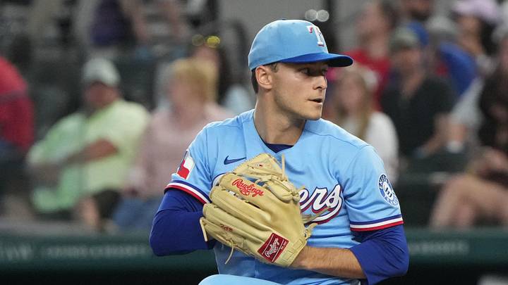 May 31, 2026; Arlington, Texas, USA; Texas Rangers pitcher Jack Leiter (22) delivers a pitch to the Kansas City Royals during the first inning at Globe Life Field. Mandatory Credit: Jim Cowsert-Imagn Images