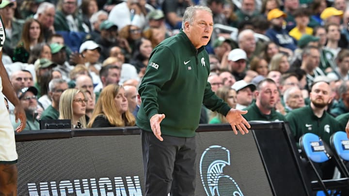Mar 21, 2026; Buffalo, NY, USA; Michigan State Spartans head coach Tom Izzo reacts in the first half against the Louisville Cardinals during a second round game of the men's 2026 NCAA Tournament at Keybank Center. Mandatory Credit: Mark Konezny-Imagn Images