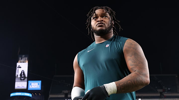 Jan 12, 2025; Philadelphia, Pennsylvania, USA; Philadelphia Eagles defensive tackle Jalen Carter (98) reacts after the game against the Green Bay Packers in an NFC wild card game at Lincoln Financial Field. Mandatory Credit: Bill Streicher-Imagn Images