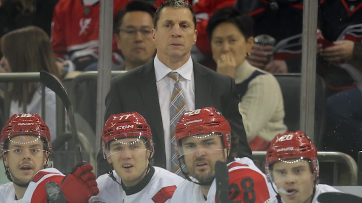 Feb 5, 2026; New York, New York, USA; Carolina Hurricanes head coach Rod Brind'amour coaches against the New York Rangers during the first period at Madison Square Garden. Mandatory Credit: Brad Penner-Imagn Images