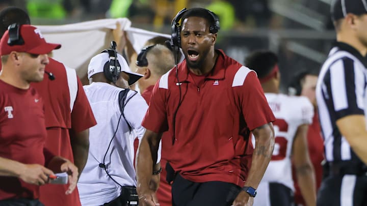 Oct 13, 2022; Orlando, Florida, USA; Temple Owls head coach Stan Drayton reacts to a call during the second quarter against the UCF Knights at FBC Mortgage Stadium. Oct 13, 2022; Orlando, Florida, USA; Temple Owls head coach Stan Drayton reacts to a call during the second quarter against the UCF Knights at FBC Mortgage Stadium.