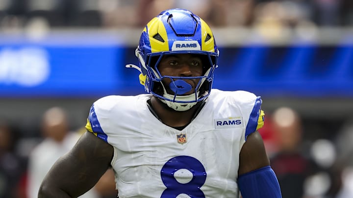 Sep 7, 2025; Inglewood, California, USA; Los Angeles Rams linebacker Jared Verse (8) wearing the NFL gold shield patch during the third quarter at SoFi Stadium. Mandatory Credit: Kiyoshi Mio-Imagn Images Sep 7, 2025; Inglewood, California, USA; Los Angeles Rams linebacker Jared Verse (8) wearing the NFL gold shield patch during the third quarter at SoFi Stadium. Mandatory Credit: Kiyoshi Mio-Imagn Images