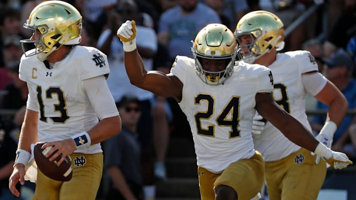 Notre Dame Fighting Irish quarterback Riley Leonard (13) celebrates after scoring a touchdown Saturday, Sept. 14, 2024, during the NCAA football game against the Purdue Boilermakersat Ross-Ade Stadium in West Lafayette, Ind. Notre Dame Fighting Irish quarterback Riley Leonard (13) celebrates after scoring a touchdown Saturday, Sept. 14, 2024, during the NCAA football game against the Purdue Boilermakersat Ross-Ade Stadium in West Lafayette, Ind.