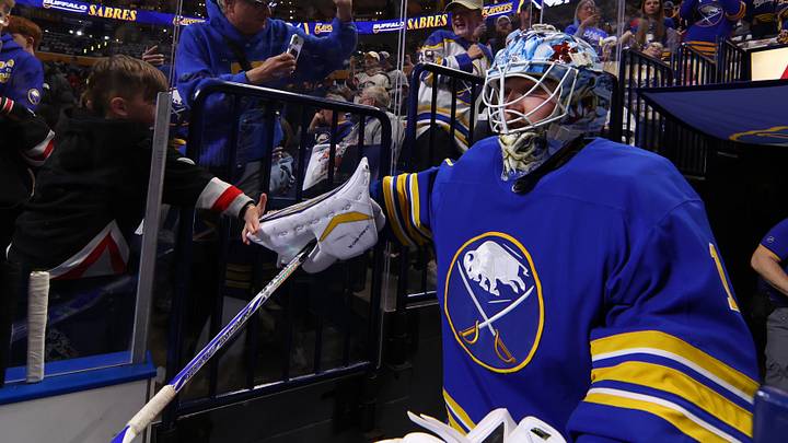 May 8, 2026; Buffalo, New York, USA; Buffalo Sabres goaltender Ukko-Pekka Luukkonen (1) makes his way to the ice before a game against the Montréal Canadiens in game two of the second round of the 2026 Stanley Cup Playoffs at KeyBank Center. Mandatory Credit: Timothy T. Ludwig-Imagn Images