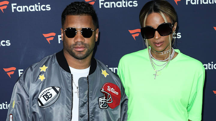 Football quarterback Russell Wilson and wife/American singer Ciara Princess Wilson arrive at Michael Rubin's Fanatics Super Bowl Party.