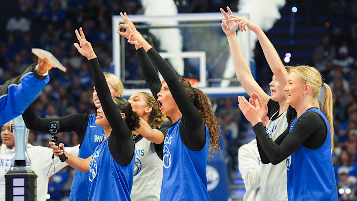 The Kentucky Wildcats women's basketball team at the 2025 Big Blue Madness at Rupp Arena in Lexington, Kentucky Saturday, Oct. 11, 2025.