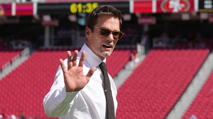 Brady on the field before a game he called for Fox earlier this season.