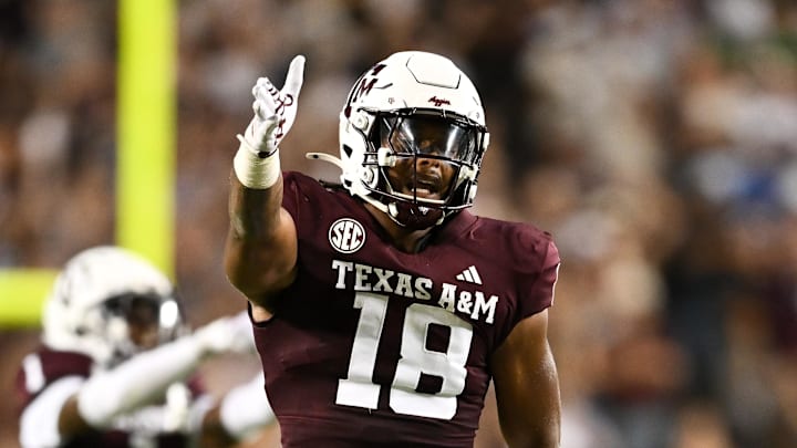 Aug 31, 2024; College Station, Texas, USA; Texas A&M Aggies defensive lineman Cashius Howell (18) reacts during the fourth quarter against the Notre Dame Fighting Irish at Kyle Field. Mandatory Credit: Maria Lysaker-Imagn Images