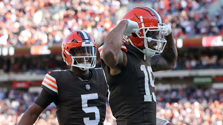 Cleveland Browns wide receiver Cedric Tillman (19) celebrates his touchdown with quarterback Jameis Winston (5) during the second half of an NFL football game against the Baltimore Ravens at Huntington Bank Field, Sunday, Oct. 27, 2024, in Cleveland, Ohio.