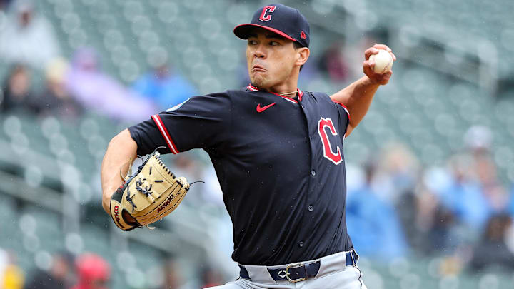 May 21, 2025; Minneapolis, Minnesota, USA; Cleveland Guardians relief pitcher Joey Cantillo (54) delivers a pitch against the Minnesota Twins in the seventh inning during game one of a doubleheader at Target Field. Mandatory Credit: Matt Krohn-Imagn Images