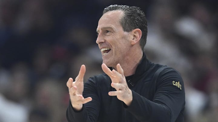 Apr 23, 2025; Cleveland, Ohio, USA; Cleveland Cavaliers head coach Kenny Atkinson reacts in the first quarter of game two of the first round of the 2025 NBA Playoffs against the Miami Heat at Rocket Arena. Mandatory Credit: David Richard-Imagn Images