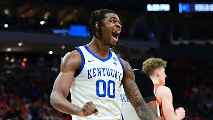 Mar 23, 2025; Milwaukee, WI, USA;  Kentucky Wildcats guard Otega Oweh (00) reacts during the second half in the second round of the NCAA Tournament against the Illinois Fighting Illini at Fiserv Forum. Mandatory Credit: Benny Sieu-Imagn Images