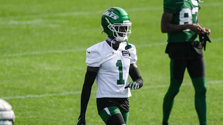 Jul 23, 2025; Florham Park, NY, USA; New York Jets cornerback Sauce Gardner (1) warms up during training camp at Atlantic Health Jets Training Center. Mandatory Credit: John Jones-Imagn Images Jul 23, 2025; Florham Park, NY, USA; New York Jets cornerback Sauce Gardner (1) warms up during training camp at Atlantic Health Jets Training Center. Mandatory Credit: John Jones-Imagn Images