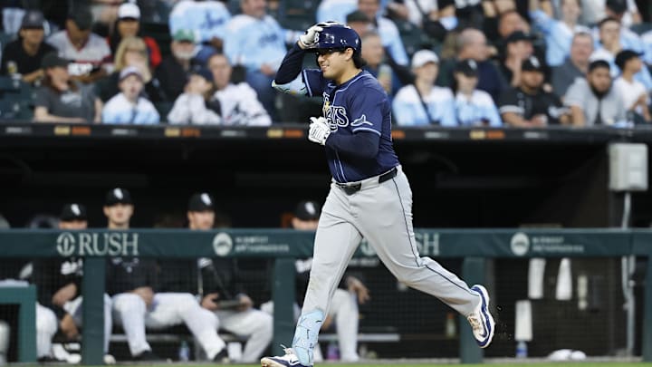 Apr 27, 2024; Chicago, Illinois, USA; Tampa Bay Rays first baseman Austin Shenton (54) rounds the bases after hitting a solo home run against the Chicago White Sox during the fifth inning at Guaranteed Rate Field. Mandatory Credit: Kamil Krzaczynski-Imagn Images