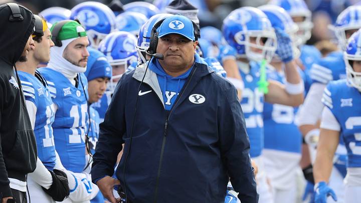 Nov 29, 2025; Provo, Utah, USA; BYU Cougars head coach Kalani Sitake during the first half against the UCF Knights at LaVell Edwards Stadium. Mandatory Credit: Rob Gray-Imagn Images