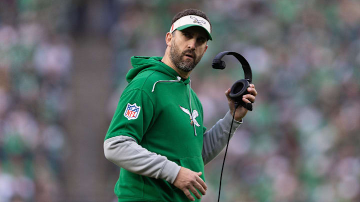 Dec 29, 2024; Philadelphia, Pennsylvania, USA; Philadelphia Eagles head coach Nick Sirianni looks on during the fourth quarter against the Dallas Cowboys at Lincoln Financial Field. Mandatory Credit: Bill Streicher-Imagn Images