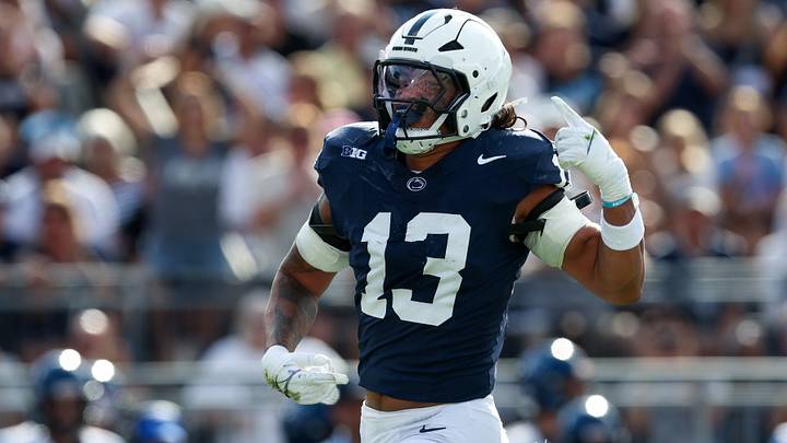 Sep 13, 2025; University Park, Pennsylvania, USA; Penn State Nittany Lions linebacker Tony Rojas (13) reacts following a sack on Villanova Wildcats quarterback Tanner Maddocks (3) during the second quarter at Beaver Stadium. Mandatory Credit: Matthew O'Haren-Imagn Images Sep 13, 2025; University Park, Pennsylvania, USA; Penn State Nittany Lions linebacker Tony Rojas (13) reacts following a sack on Villanova Wildcats quarterback Tanner Maddocks (3) during the second quarter at Beaver Stadium. Mandatory Credit: Matthew O'Haren-Imagn Images