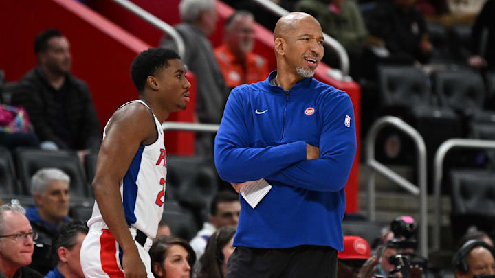Dec 11, 2023; Detroit, Michigan, USA; Detroit Pistons head coach Monty Williams talks with guard