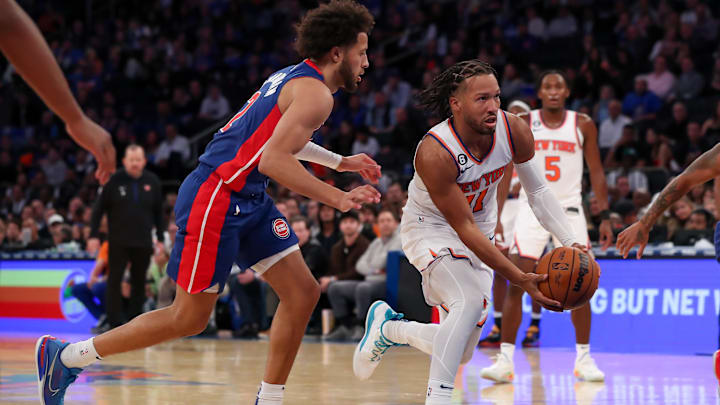 Oct 21, 2022; New York, New York, USA; New York Knicks guard Jalen Brunson (11) drives to the net