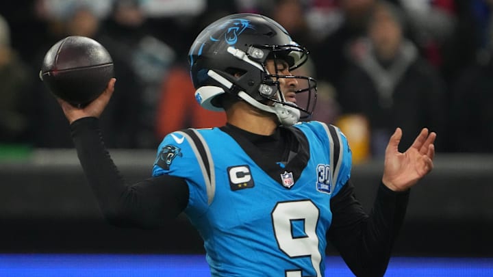 Nov 10, 2024; Munich, Germany; Carolina Panthers quarterback Bryce Young (9) throws the ball against the New York Giants in the first half during the 2024 NFL Munich Game at Allianz Arena. Mandatory Credit: Kirby Lee-Imagn Images Nov 10, 2024; Munich, Germany; Carolina Panthers quarterback Bryce Young (9) throws the ball against the New York Giants in the first half during the 2024 NFL Munich Game at Allianz Arena. Mandatory Credit: Kirby Lee-Imagn Images