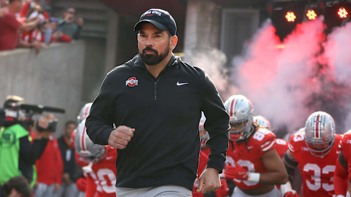 Oct 26, 2024; Columbus, Ohio, USA; Ohio State Buckeyes head coach Ryan Day looks on before the game against the Nebraska Cornhuskers at Ohio Stadium.