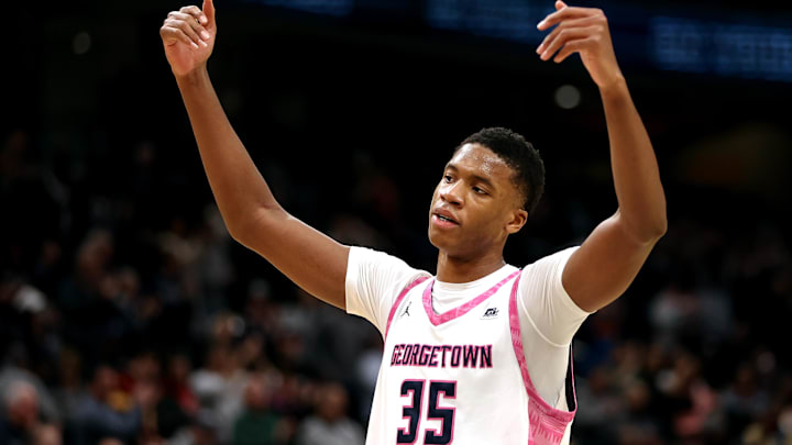 Feb 8, 2025; Washington, District of Columbia, USA; Georgetown Hoyas forward Thomas Sorber (35) celebrates during the second half against the Seton Hall Pirates at Capital One Arena. Mandatory Credit: Daniel Kucin Jr.-Imagn Images Feb 8, 2025; Washington, District of Columbia, USA; Georgetown Hoyas forward Thomas Sorber (35) celebrates during the second half against the Seton Hall Pirates at Capital One Arena. Mandatory Credit: Daniel Kucin Jr.-Imagn Images