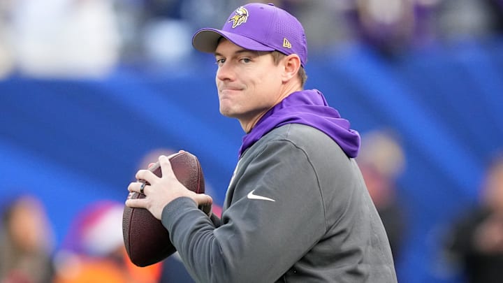 Dec 21, 2025; East Rutherford, New Jersey, USA; Minnesota Vikings head coach Kevin O'Connell before the game at MetLife Stadium.
