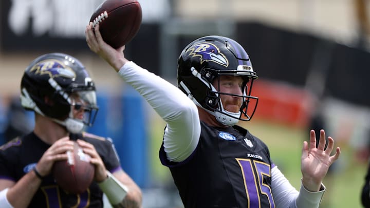 Jun 10, 2025; Baltimore, MD, USA; Baltimore Ravens quarterback Cooper Rush (15) throws during an NFL OTA at Under Armour Performance Center. Mandatory Credit: Daniel Kucin Jr.-Imagn Images