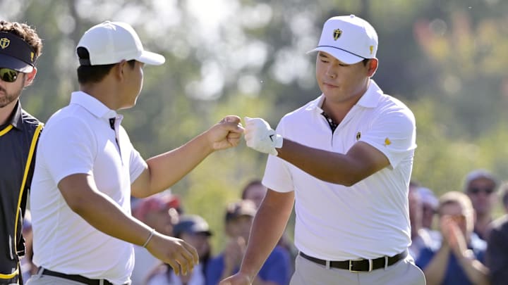 Si Woo Kim pulled off an improbable flop shot to tie the match on Saturday afternoon at the Presidents Cup and erupted in an epic celebration.