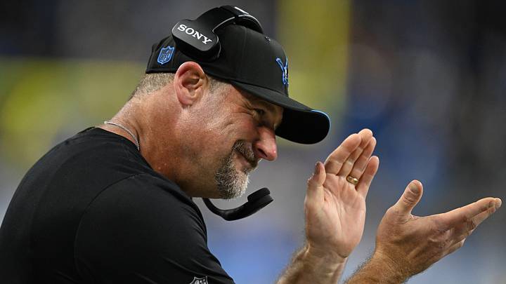 Aug 22, 2026; Detroit, Michigan, USA;  Detroit Lions head coach Dan Campbell on the sidelines in the second half of their game against the Washington Commanders at Ford Field.  Mandatory Credit: Lon Horwedel-Imagn Images