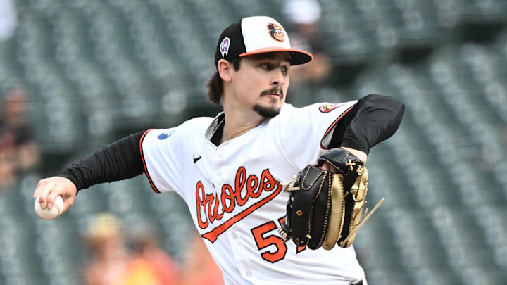Sep 11, 2025; Baltimore, Maryland, USA;  Baltimore Orioles pitcher Kade Strowd (57) delivers a pitch during the eighth inning against the Pittsburgh Pirates at Oriole Park at Camden Yards. Mandatory Credit: James A. Pittman-Imagn Images