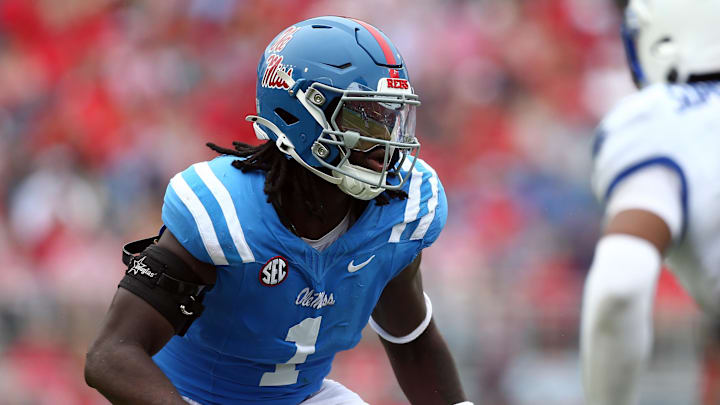 Sep 28, 2024; Oxford, Mississippi, USA; Mississippi Rebels defensive linemen Princely Umanmielen (1) lines up before the snap during the second half  against the Kentucky Wildcats at Vaught-Hemingway Stadium. Mandatory Credit: Petre Thomas-Imagn Images
