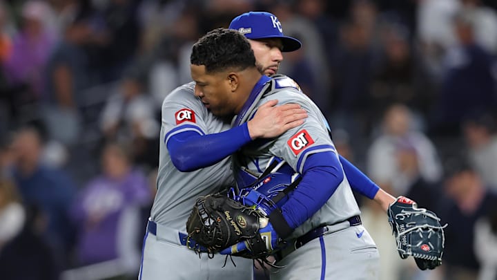 Oct 7, 2024; Bronx, New York, USA; Kansas City Royals pitcher Lucas Erceg (60) reacts with catcher Salvador Perez (13) after the final out in game two of the ALDS against the New York Yankees for the 2024 MLB Playoffs at Yankee Stadium. Mandatory Credit: Brad Penner-Imagn Images Oct 7, 2024; Bronx, New York, USA; Kansas City Royals pitcher Lucas Erceg (60) reacts with catcher Salvador Perez (13) after the final out in game two of the ALDS against the New York Yankees for the 2024 MLB Playoffs at Yankee Stadium. Mandatory Credit: Brad Penner-Imagn Images