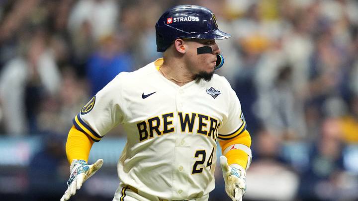 Oct 23, 2026; Milwaukee, Wisconsin, USA; Milwaukee Brewers catcher William Contreras (24) runs the bases after hitting a single against the Tampa Bay Rays during the eighth inning in game one of the 2026 World Series at American Family Field. Mandatory Credit: Michael McLoone-Imagn Images Oct 23, 2026; Milwaukee, Wisconsin, USA; Milwaukee Brewers catcher William Contreras (24) runs the bases after hitting a single against the Tampa Bay Rays during the eighth inning in game one of the 2026 World Series at American Family Field. Mandatory Credit: Michael McLoone-Imagn Images