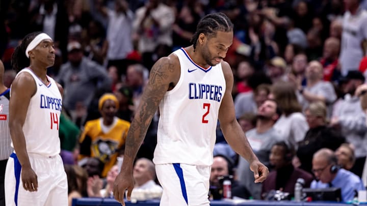 LA Clippers forward Kawhi Leonard (2) reacts after a basket made by the New Orleans Pelicans during the second half at Smoothie King Center. Mandatory Credit: Stephen Lew-Imagn Images